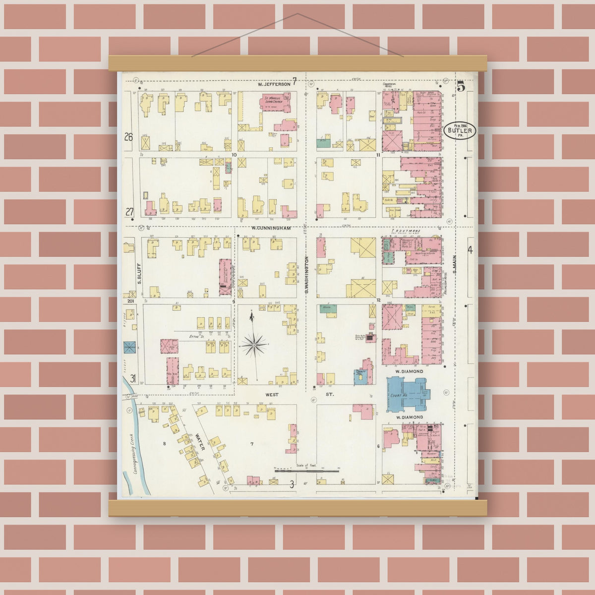 Old map wall art mockup — magnetic wood frame on brick wall — Sanborn Fire Insurance Map from Butler, Butler County, Pennsylvania (1906), Sheet #0005