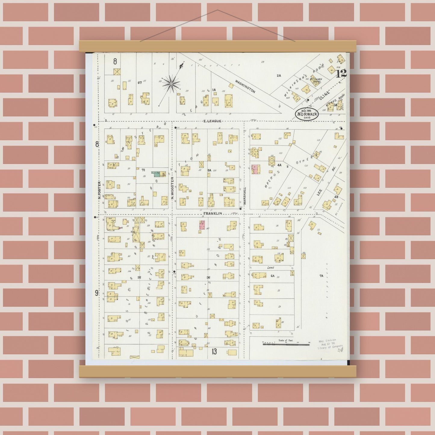 Old map wall art mockup — magnetic wood frame on brick wall — Sanborn Fire Insurance Map from Norwalk, Huron County, Ohio (1906), Sheet #0012