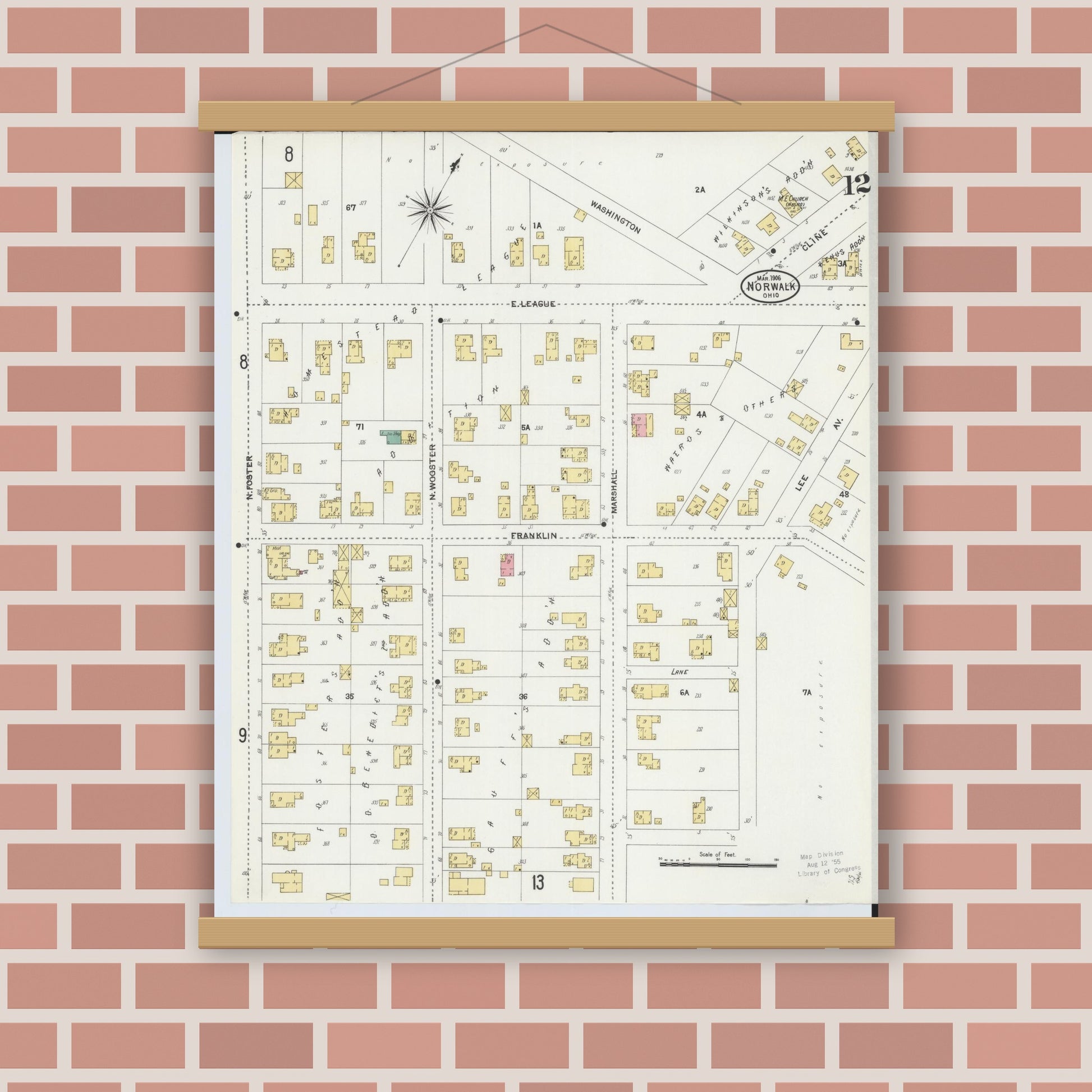 Old map wall art mockup — magnetic wood frame on brick wall — Sanborn Fire Insurance Map from Norwalk, Huron County, Ohio (1906), Sheet #0012