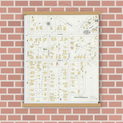 Old map wall art mockup — magnetic wood frame on brick wall — Sanborn Fire Insurance Map from Norwalk, Huron County, Ohio (1906), Sheet #0012