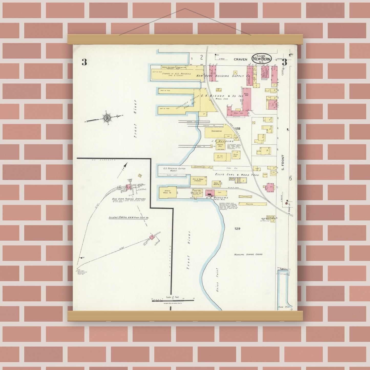Old map wall art mockup — magnetic wood frame on brick wall — Sanborn Fire Insurance Map from New Bern, Craven County, North Carolina (1924), Sheet #0003