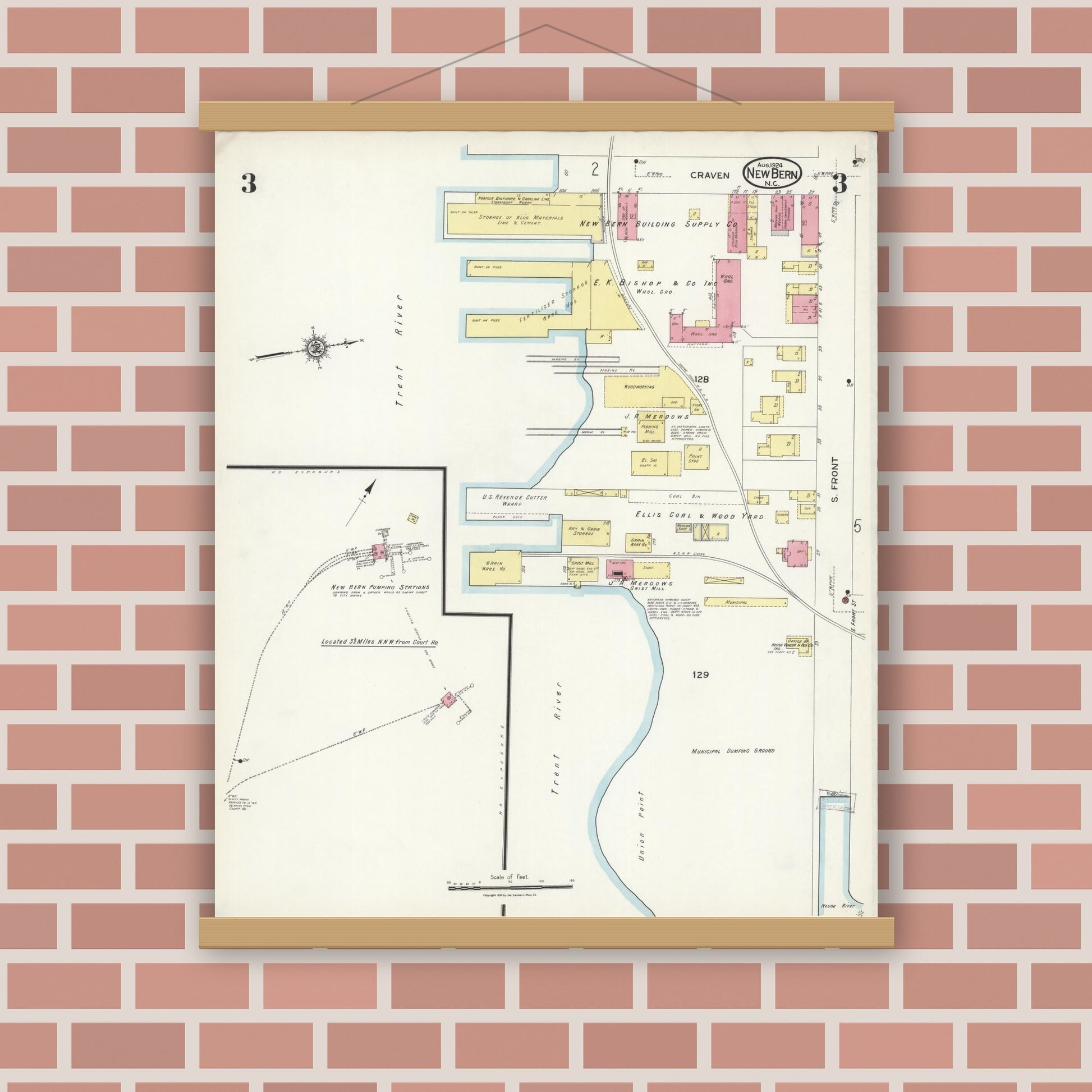Old map wall art mockup — magnetic wood frame on brick wall — Sanborn Fire Insurance Map from New Bern, Craven County, North Carolina (1924), Sheet #0003