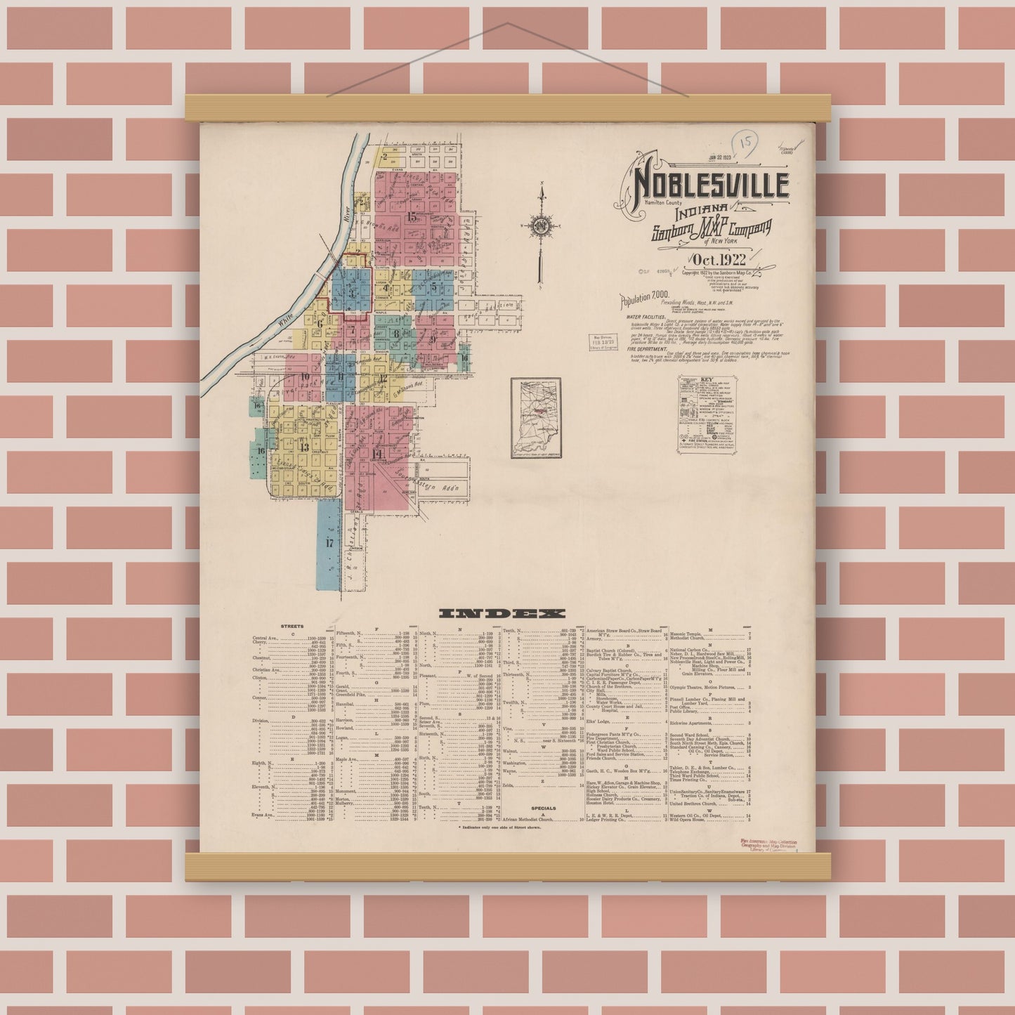 Old map wall art mockup — magnetic wood frame on brick wall — Sanborn Fire Insurance Map from Noblesville, Hamilton County, Indiana (1922) - Complete Map Set