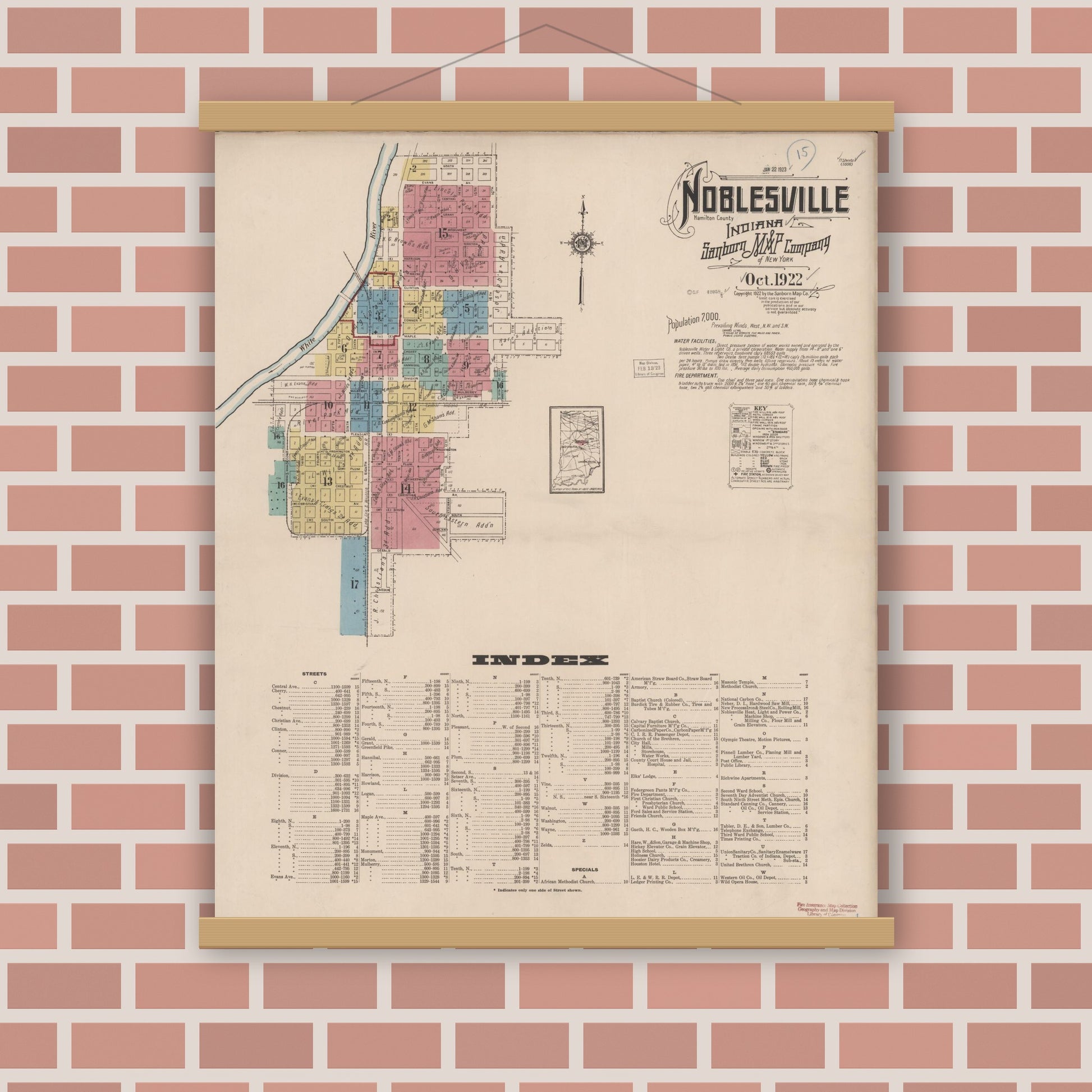 Old map wall art mockup — magnetic wood frame on brick wall — Sanborn Fire Insurance Map from Noblesville, Hamilton County, Indiana (1922) - Complete Map Set