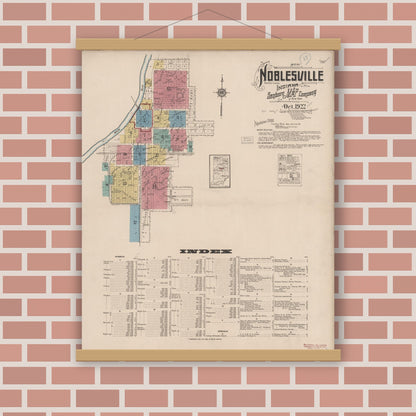 Old map wall art mockup — magnetic wood frame on brick wall — Sanborn Fire Insurance Map from Noblesville, Hamilton County, Indiana (1922) - Complete Map Set