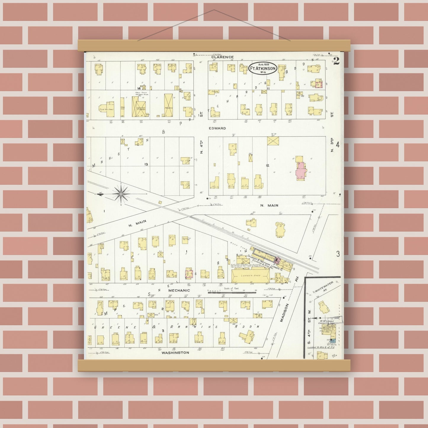 Old map wall art mockup — magnetic wood frame on brick wall — Sanborn Fire Insurance Map from Fort Atkinson, Jefferson County, Wisconsin (1909), Sheet #0002
