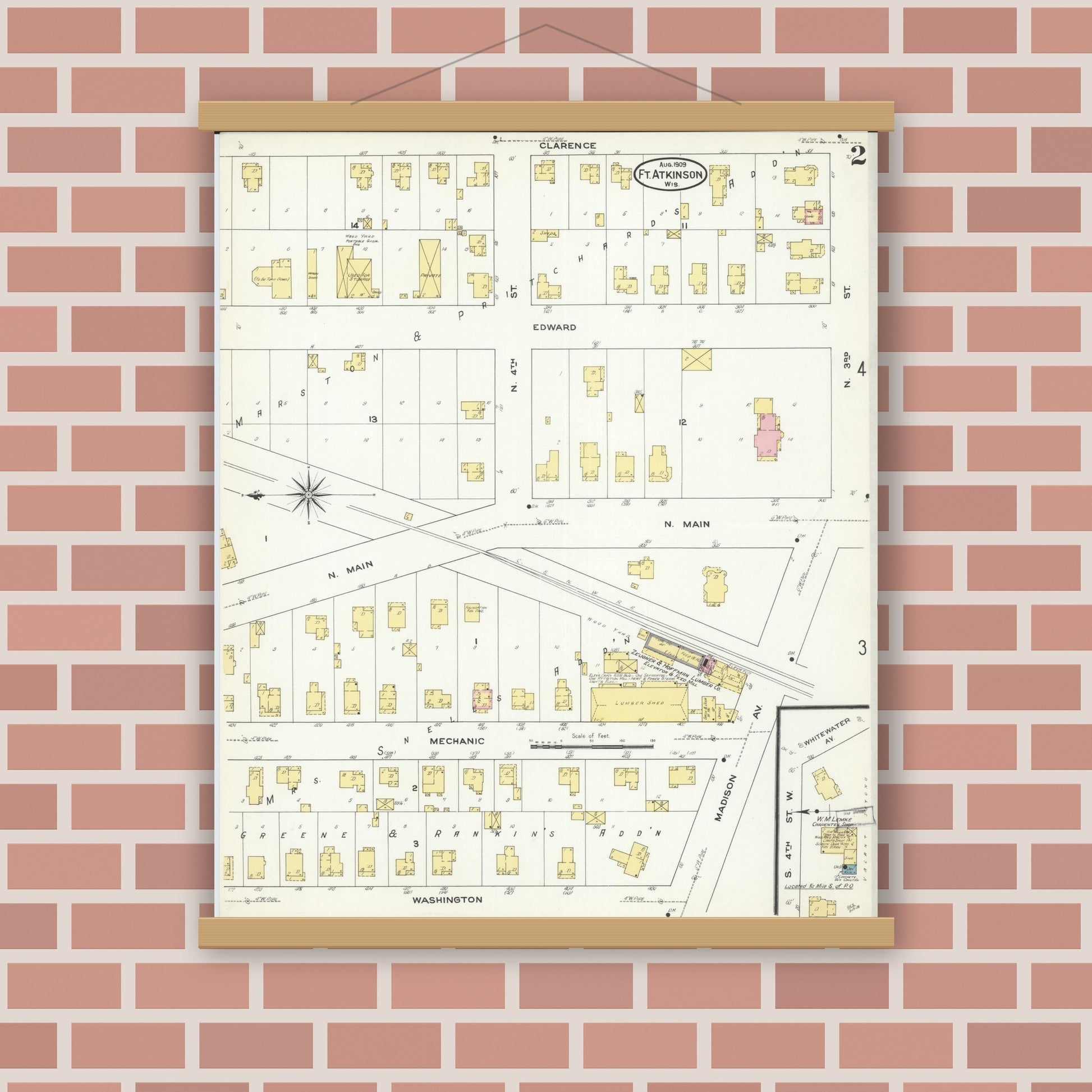 Old map wall art mockup — magnetic wood frame on brick wall — Sanborn Fire Insurance Map from Fort Atkinson, Jefferson County, Wisconsin (1909), Sheet #0002