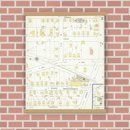 Old map wall art mockup — magnetic wood frame on brick wall — Sanborn Fire Insurance Map from Fort Atkinson, Jefferson County, Wisconsin (1909), Sheet #0002