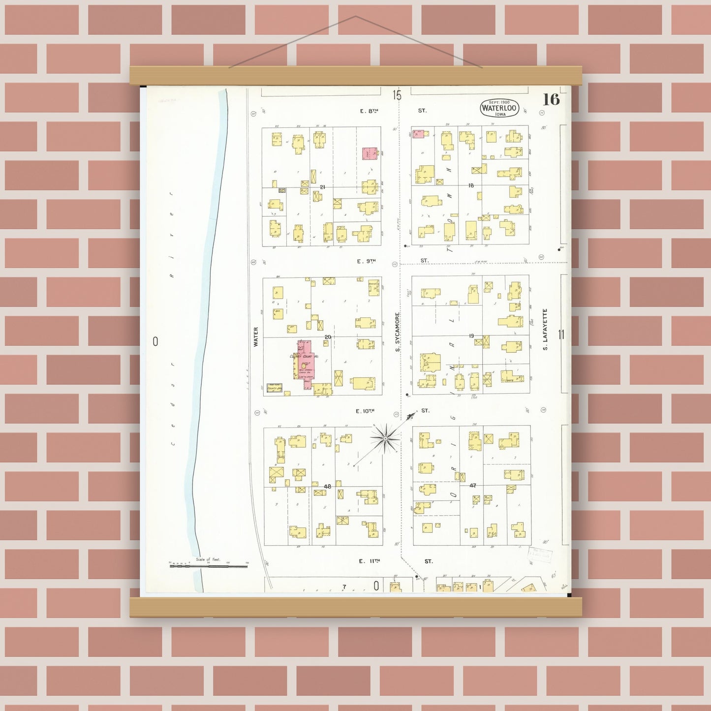 Old map wall art mockup — magnetic wood frame on brick wall — Sanborn Fire Insurance Map from Waterloo, Black Hawk County, Iowa (1900), Sheet #0016
