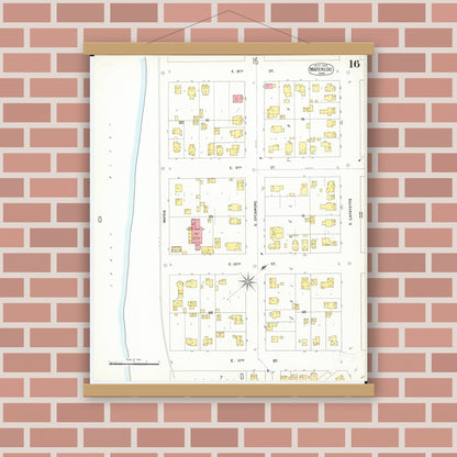 Old map wall art mockup — magnetic wood frame on brick wall — Sanborn Fire Insurance Map from Waterloo, Black Hawk County, Iowa (1900), Sheet #0016