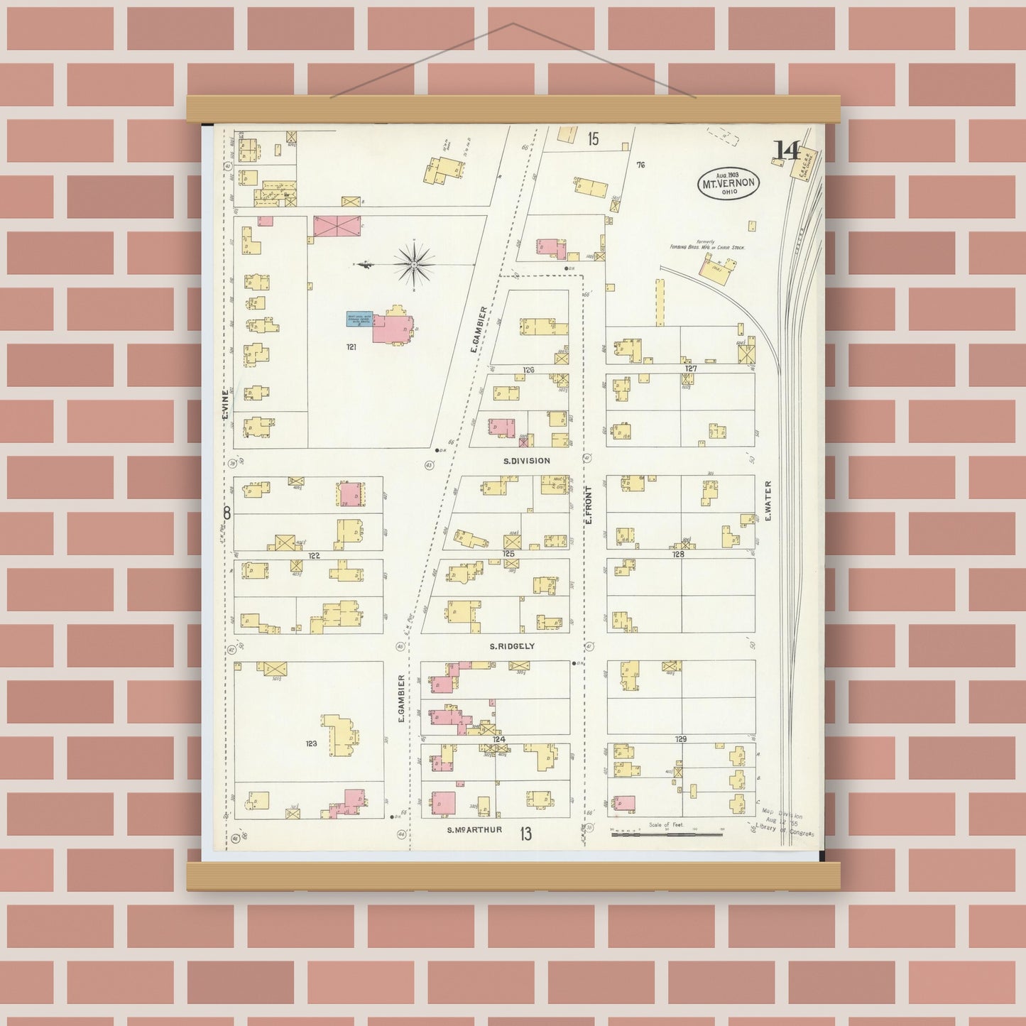 Old map wall art mockup — magnetic wood frame on brick wall — Sanborn Fire Insurance Map from Mount Vernon, Knox County, Ohio (1903), Sheet #0014