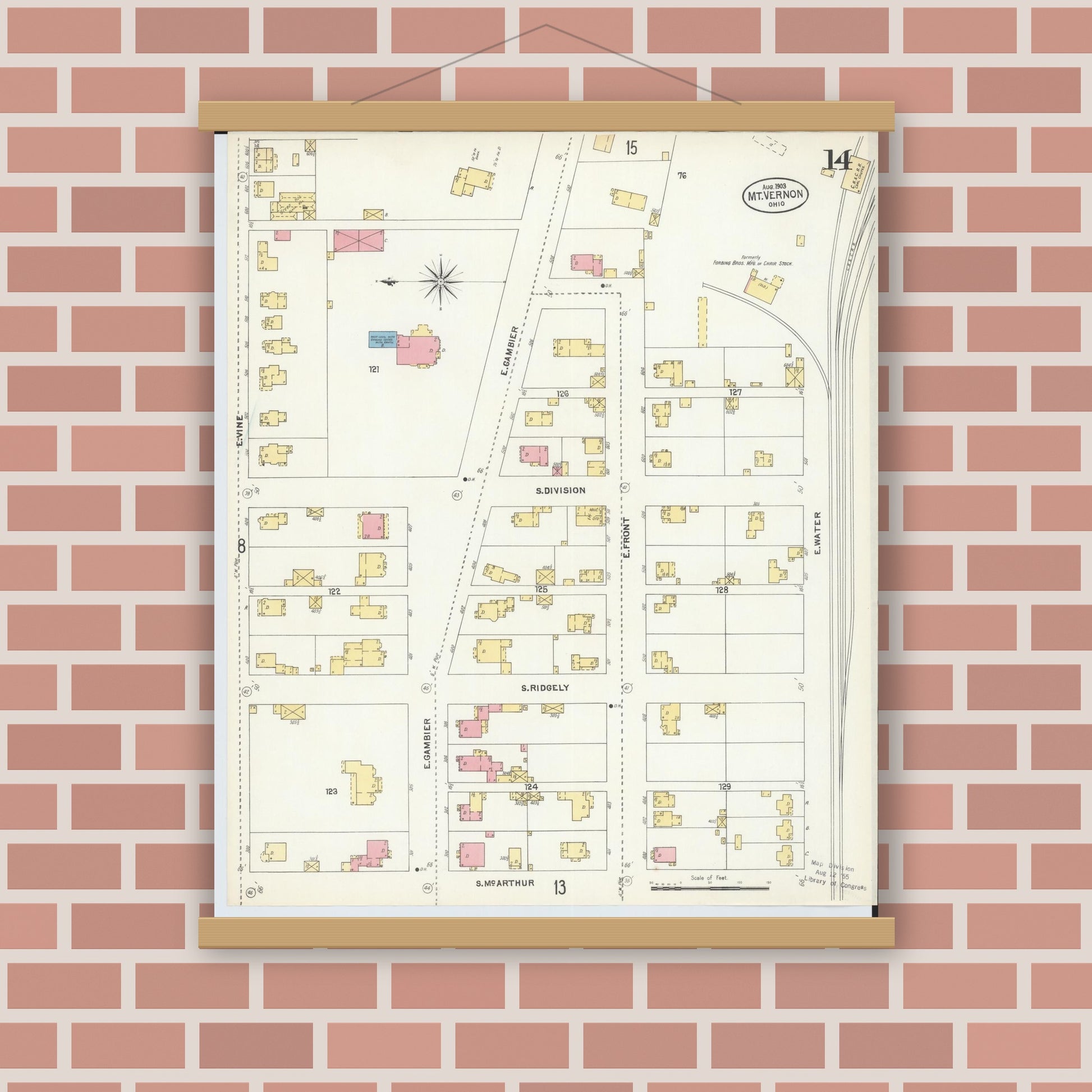 Old map wall art mockup — magnetic wood frame on brick wall — Sanborn Fire Insurance Map from Mount Vernon, Knox County, Ohio (1903), Sheet #0014