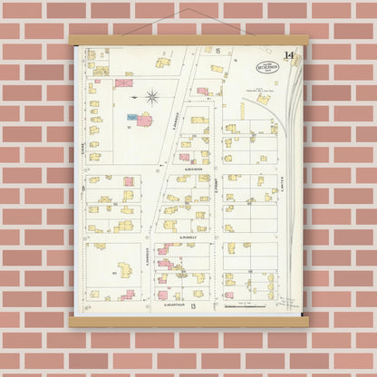 Old map wall art mockup — magnetic wood frame on brick wall — Sanborn Fire Insurance Map from Mount Vernon, Knox County, Ohio (1903), Sheet #0014