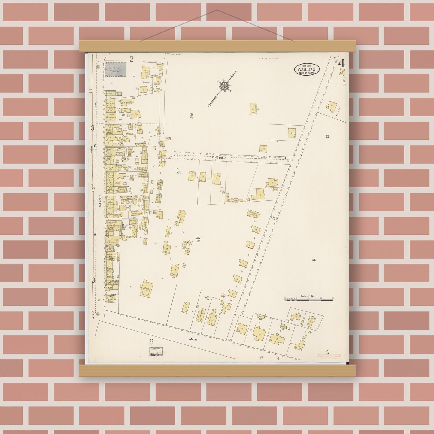Old map wall art mockup — magnetic wood frame on brick wall — Sanborn Fire Insurance Map from Wailuku, Maui County, Hawaii (1914), Sheet #0004