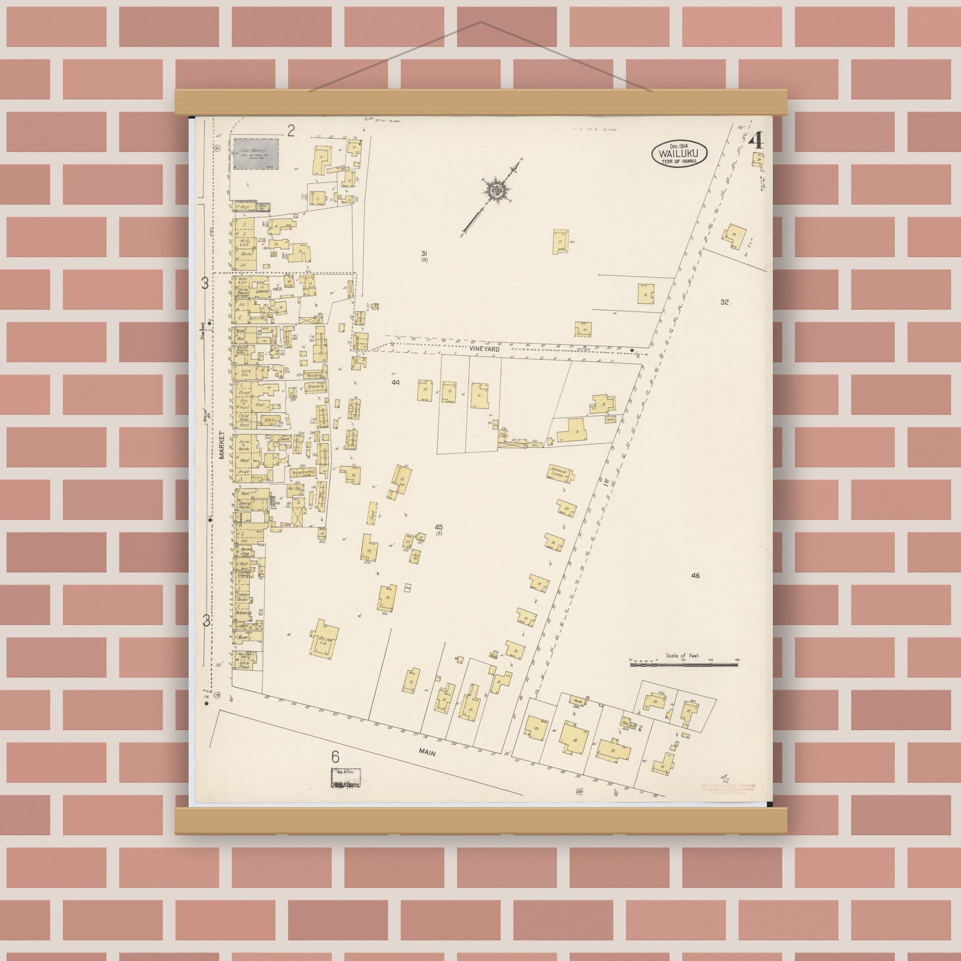 Old map wall art mockup — magnetic wood frame on brick wall — Sanborn Fire Insurance Map from Wailuku, Maui County, Hawaii (1914), Sheet #0004