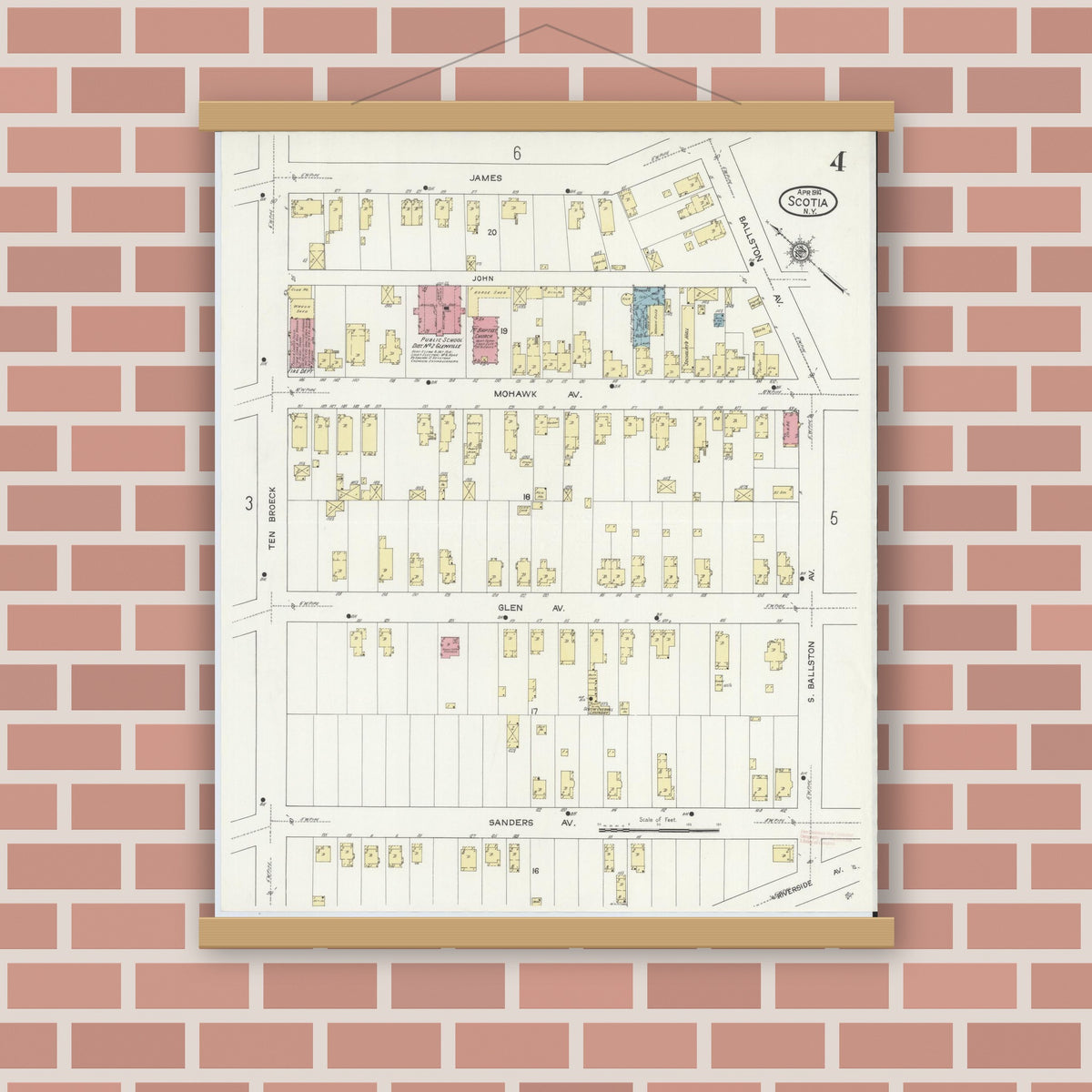 Old map wall art mockup — magnetic wood frame on brick wall — Sanborn Fire Insurance Map from Scotia, Schenectady County, New York (1914), Sheet #0004