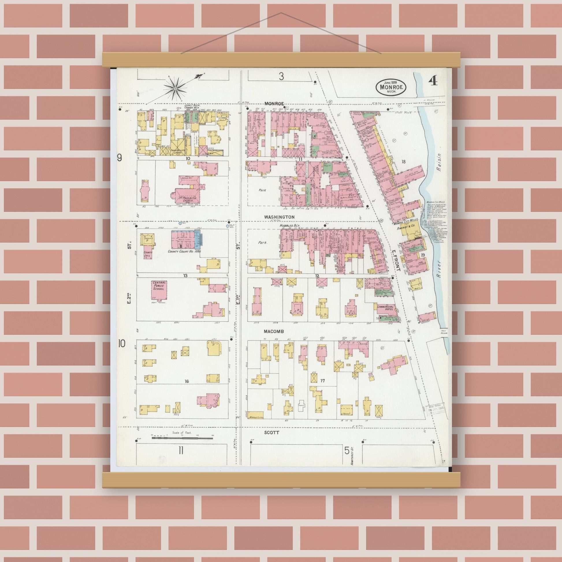 Old map wall art mockup — magnetic wood frame on brick wall — Sanborn Fire Insurance Map from Monroe, Monroe County, Michigan (1899), Sheet #0004