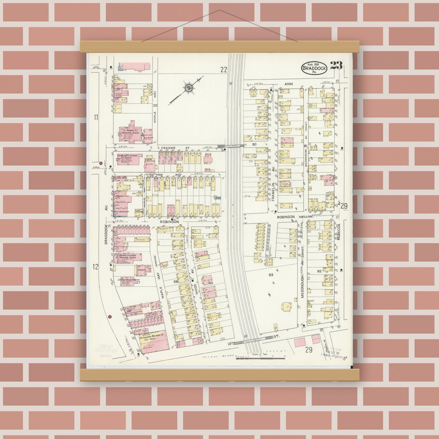 Old map wall art mockup — magnetic wood frame on brick wall — Sanborn Fire Insurance Map from Braddock, Allegheny County, Pennsylvania (1914), Sheet #0023