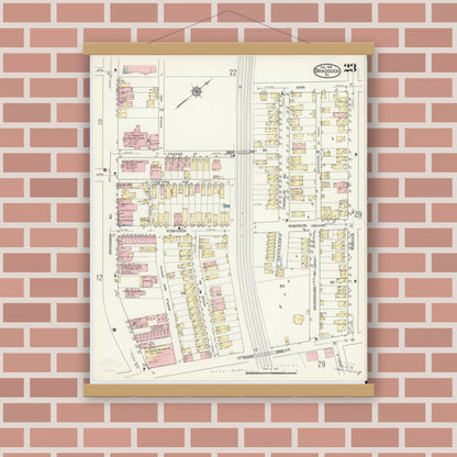Old map wall art mockup — magnetic wood frame on brick wall — Sanborn Fire Insurance Map from Braddock, Allegheny County, Pennsylvania (1914), Sheet #0023