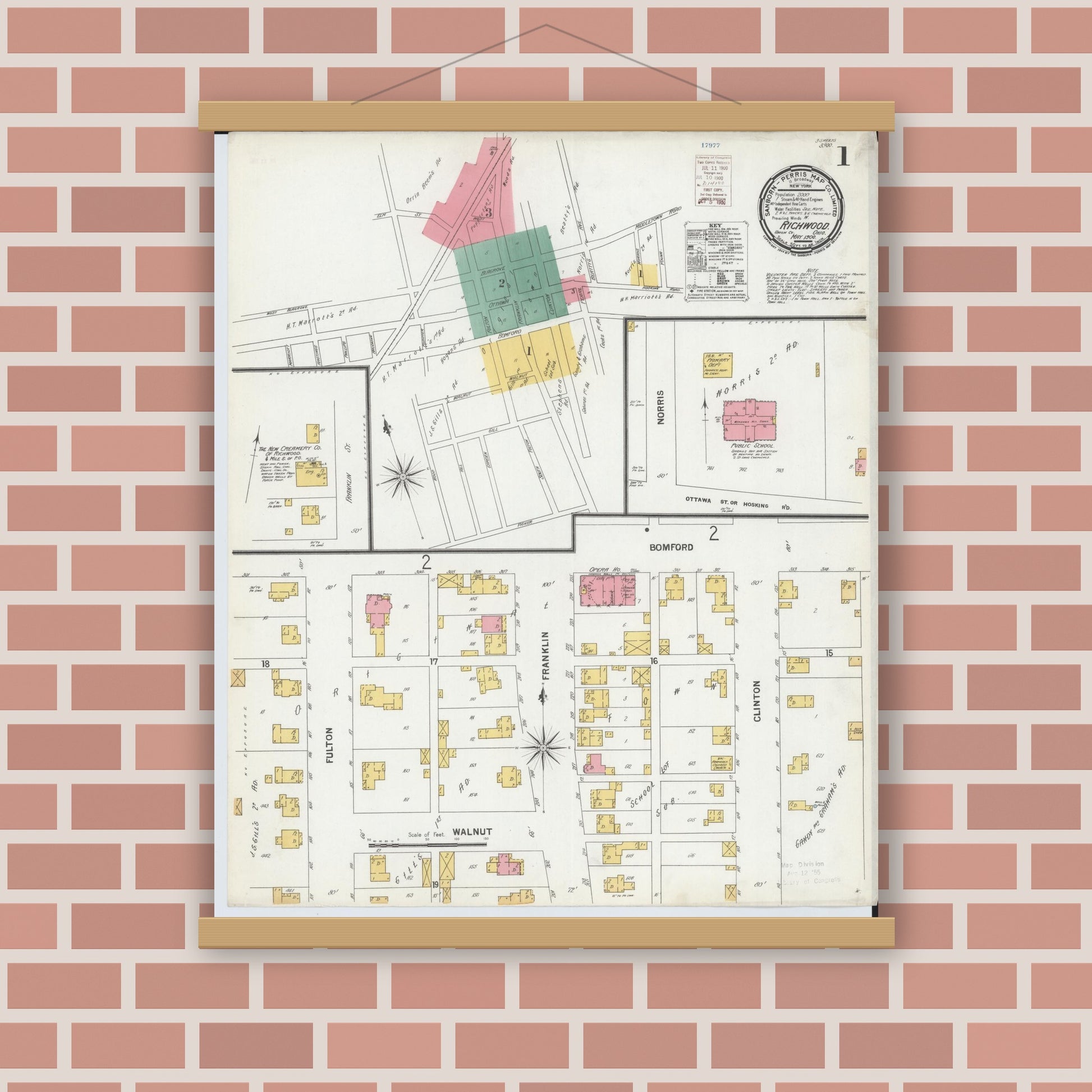Old map wall art mockup — magnetic wood frame on brick wall — Sanborn Fire Insurance Map from Richwood, Union County, Ohio (1900), Sheet #0001