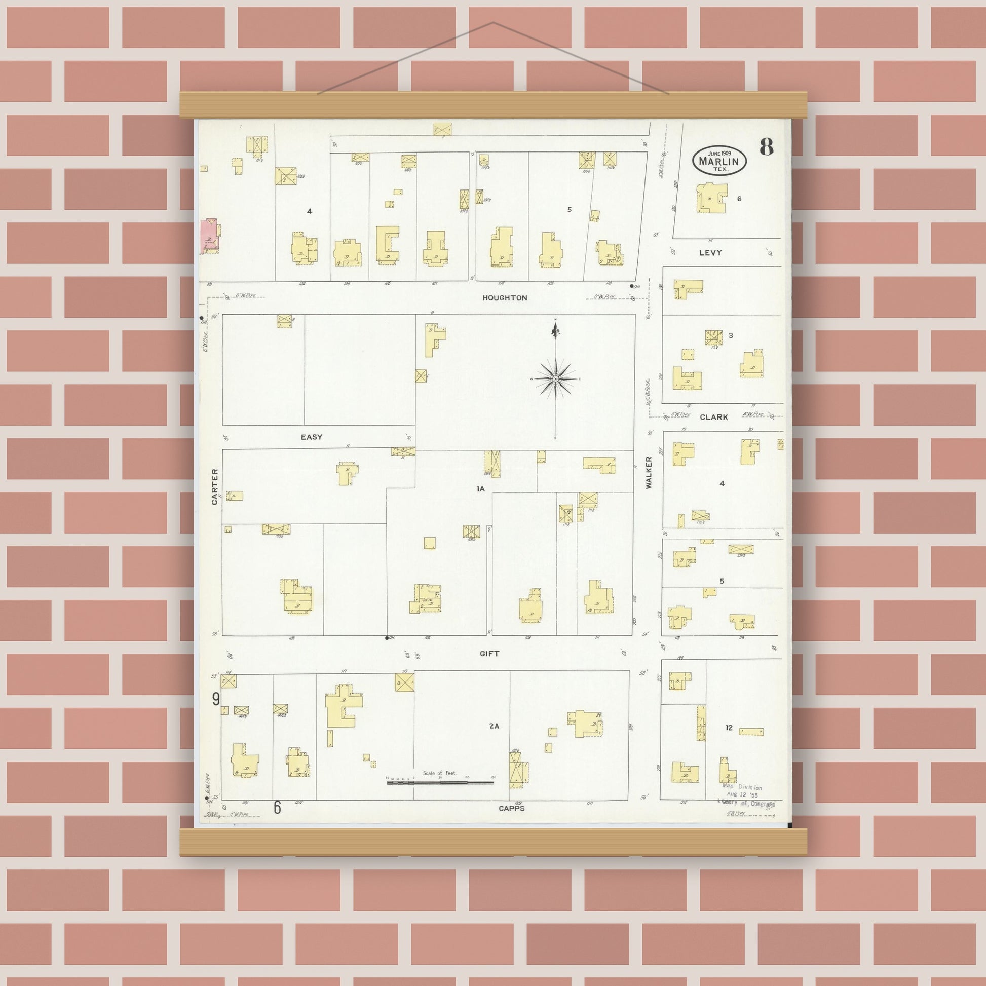 Old map wall art mockup — magnetic wood frame on brick wall — Sanborn Fire Insurance Map from Marlin, Falls County, Texas (1909), Sheet #0008