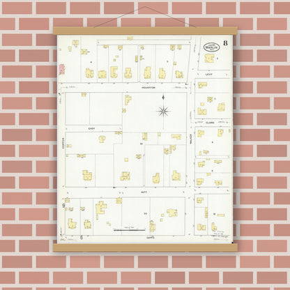 Old map wall art mockup — magnetic wood frame on brick wall — Sanborn Fire Insurance Map from Marlin, Falls County, Texas (1909), Sheet #0008