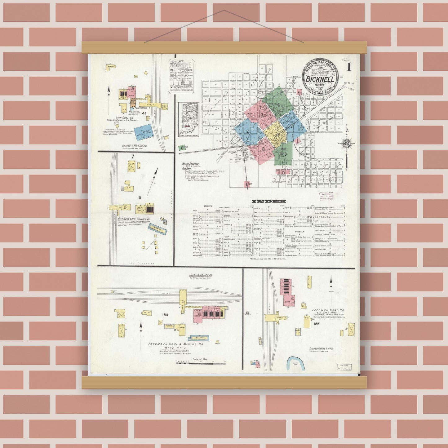 Old map wall art mockup — magnetic wood frame on brick wall — Sanborn Fire Insurance Map from Bicknell, Knox County, Indiana (1915) - Complete Map Set