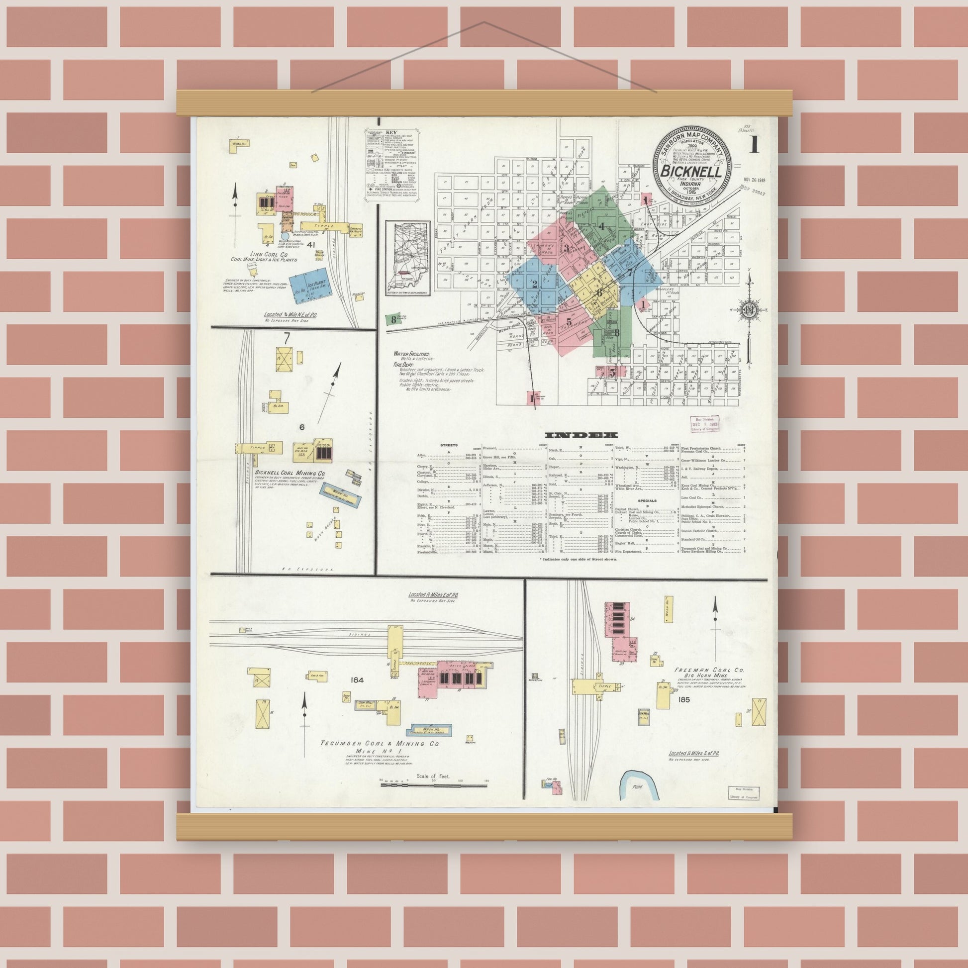 Old map wall art mockup — magnetic wood frame on brick wall — Sanborn Fire Insurance Map from Bicknell, Knox County, Indiana (1915) - Complete Map Set