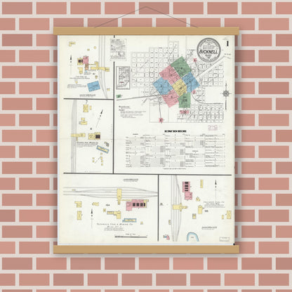 Old map wall art mockup — magnetic wood frame on brick wall — Sanborn Fire Insurance Map from Bicknell, Knox County, Indiana (1915) - Complete Map Set