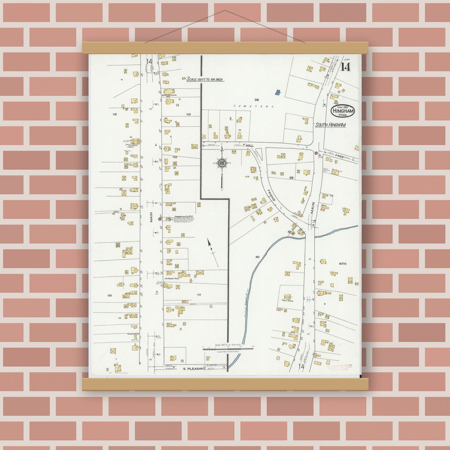 Old map wall art mockup — magnetic wood frame on brick wall — Sanborn Fire Insurance Map from Hingham, Plymouth County, Massachusetts (1921), Sheet #0014