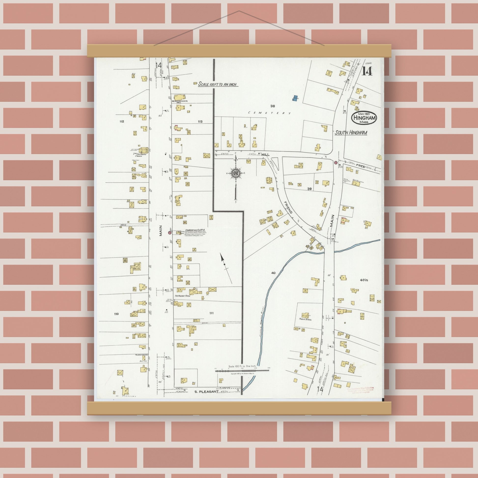 Old map wall art mockup — magnetic wood frame on brick wall — Sanborn Fire Insurance Map from Hingham, Plymouth County, Massachusetts (1921), Sheet #0014