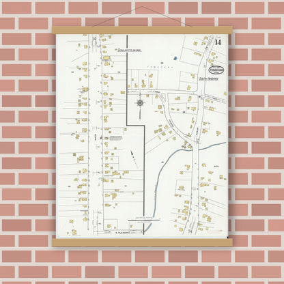 Old map wall art mockup — magnetic wood frame on brick wall — Sanborn Fire Insurance Map from Hingham, Plymouth County, Massachusetts (1921), Sheet #0014