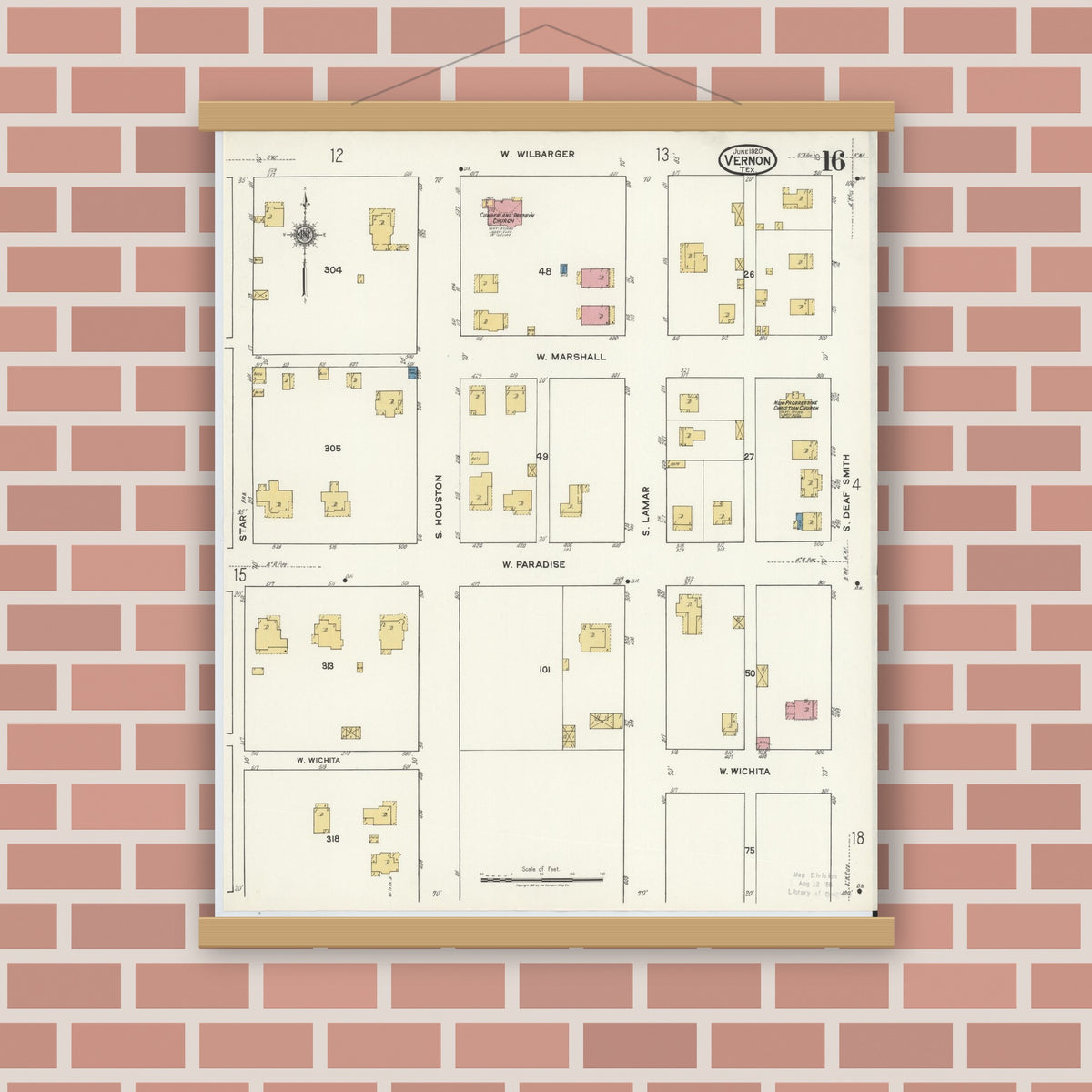 Old map wall art mockup — magnetic wood frame on brick wall — Sanborn Fire Insurance Map from Vernon, Wilbarger County, Texas (1920), Sheet #0016