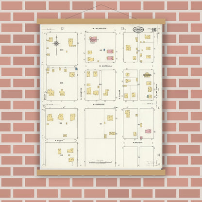 Old map wall art mockup — magnetic wood frame on brick wall — Sanborn Fire Insurance Map from Vernon, Wilbarger County, Texas (1920), Sheet #0016