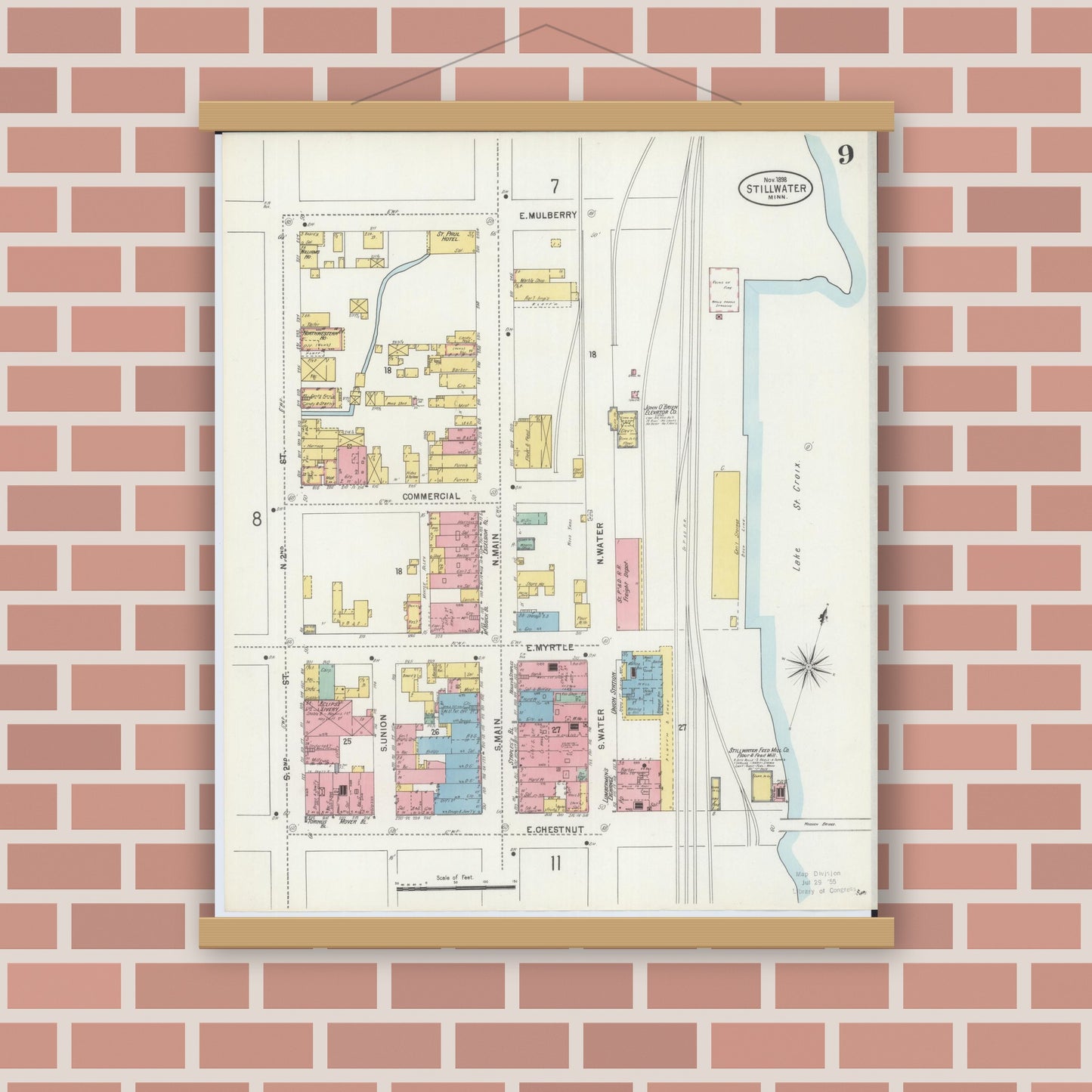 Old map wall art mockup — magnetic wood frame on brick wall — Sanborn Fire Insurance Map from Stillwater, Washington County, Minnesota (1898), Sheet #0009