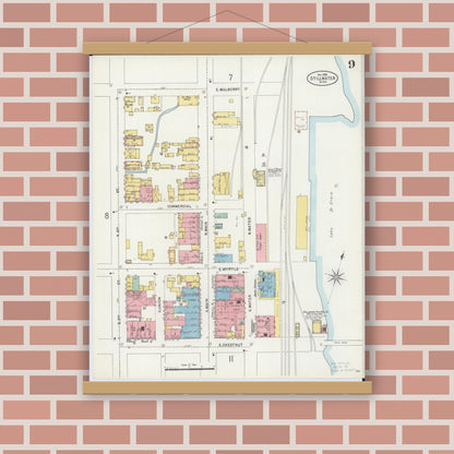 Old map wall art mockup — magnetic wood frame on brick wall — Sanborn Fire Insurance Map from Stillwater, Washington County, Minnesota (1898), Sheet #0009