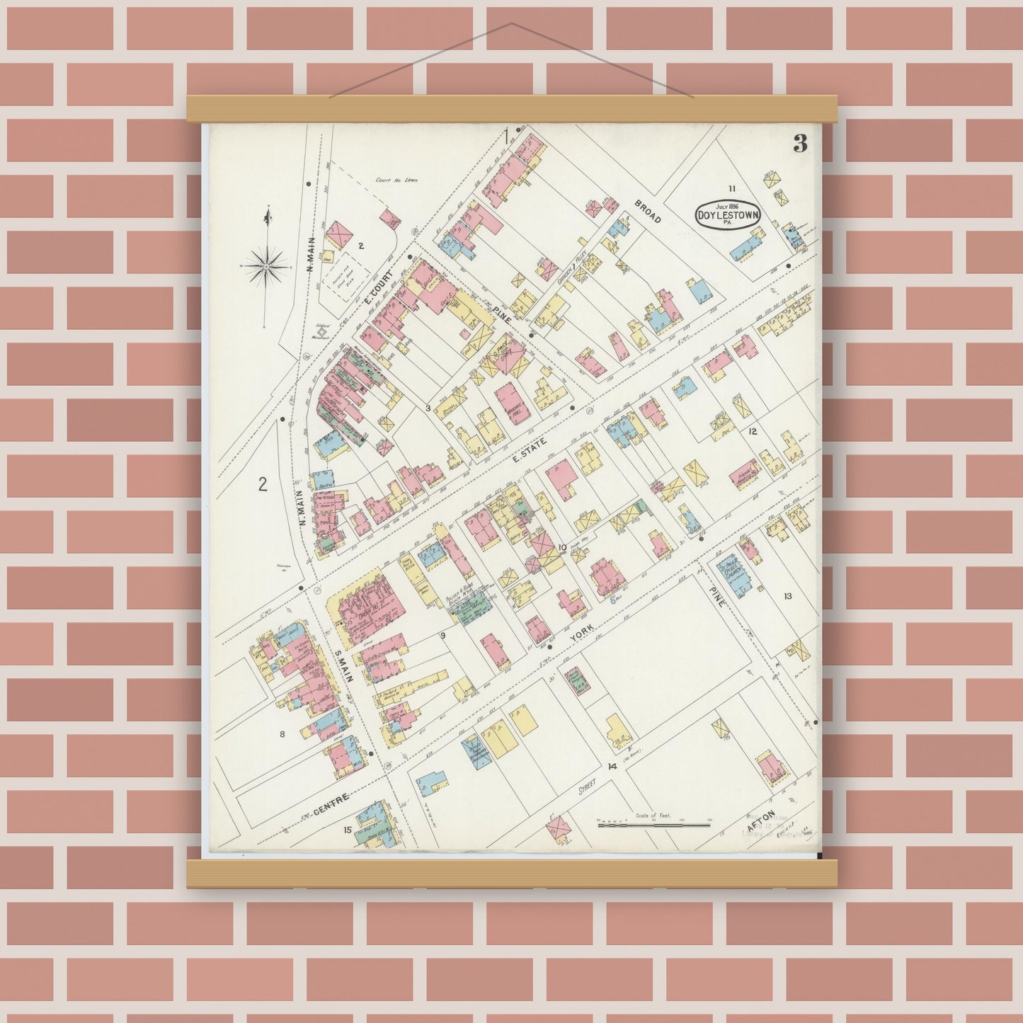Old map wall art mockup — magnetic wood frame on brick wall — Sanborn Fire Insurance Map from Doylestown, Bucks County, Pennsylvania (1896), Sheet #0003