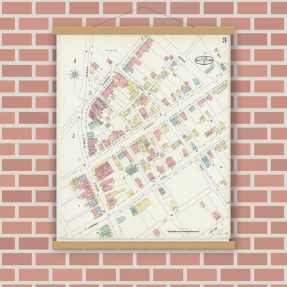 Old map wall art mockup — magnetic wood frame on brick wall — Sanborn Fire Insurance Map from Doylestown, Bucks County, Pennsylvania (1896), Sheet #0003