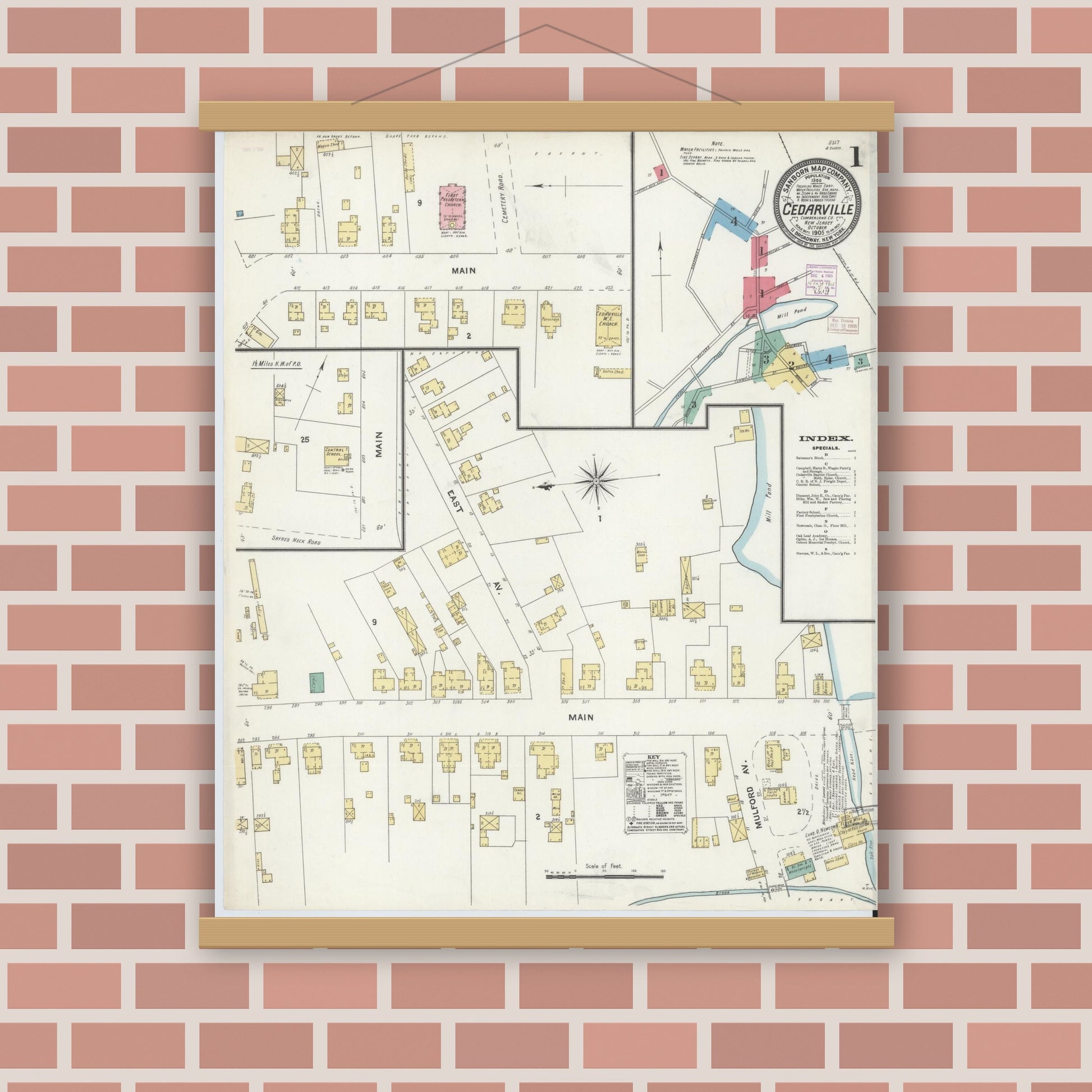 Old map wall art mockup — magnetic wood frame on brick wall — Sanborn Fire Insurance Map from Cedarville, Cumberland County, New Jersey (1905), Sheet #0001