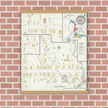 Old map wall art mockup — magnetic wood frame on brick wall — Sanborn Fire Insurance Map from Cedarville, Cumberland County, New Jersey (1905), Sheet #0001