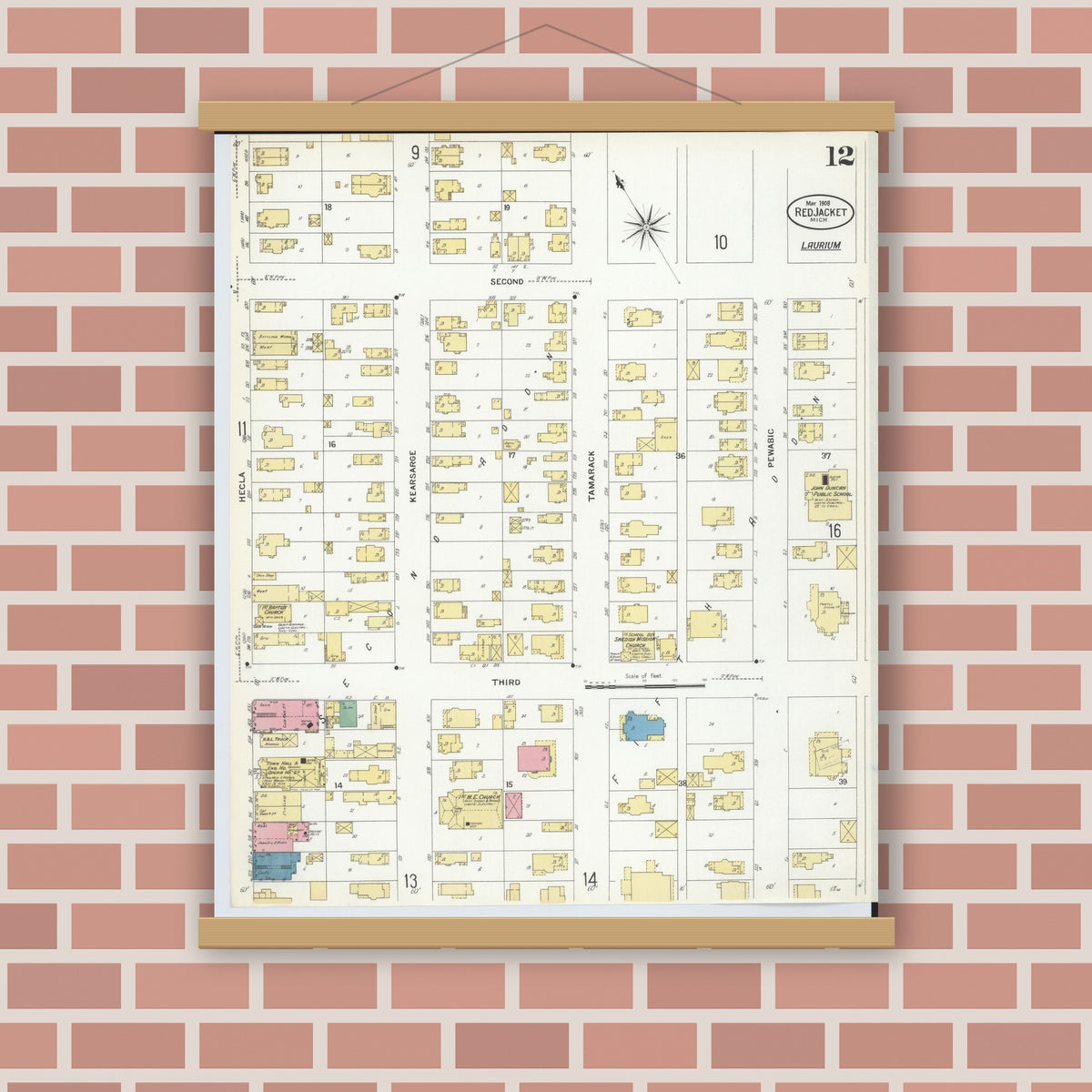 Old map wall art mockup — magnetic wood frame on brick wall — Sanborn Fire Insurance Map from Red Jacket, Houghton County, Michigan (1908), Sheet #0012
