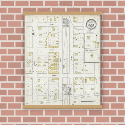 Old map wall art mockup — magnetic wood frame on brick wall — Sanborn Fire Insurance Map from Elcho, Langlade County, Wisconsin (1920), Sheet #0001