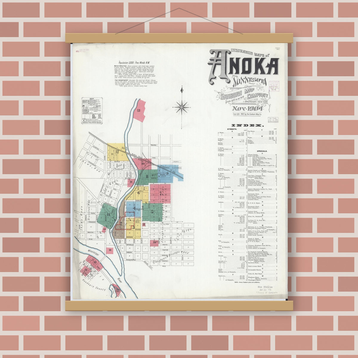 Old map wall art mockup — magnetic wood frame on brick wall — Sanborn Fire Insurance Map from Anoka, Anoka County, Minnesota (1904) - Complete Map Set