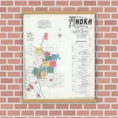 Old map wall art mockup — magnetic wood frame on brick wall — Sanborn Fire Insurance Map from Anoka, Anoka County, Minnesota (1904) - Complete Map Set