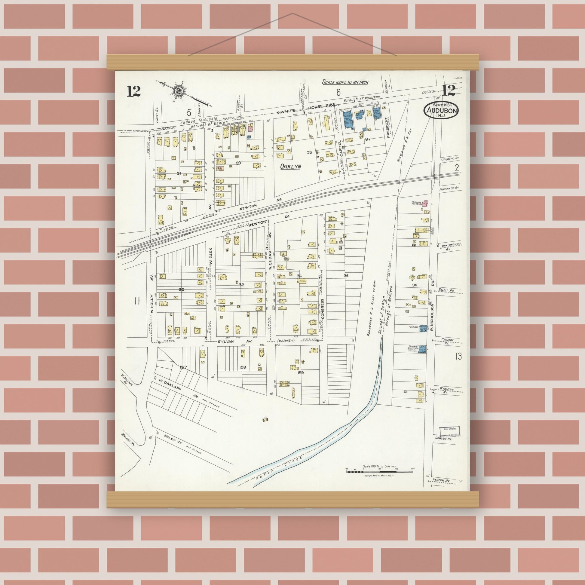 Old map wall art mockup — magnetic wood frame on brick wall — Sanborn Fire Insurance Map from Audubon, Camden County, New Jersey (1924), Sheet #0012