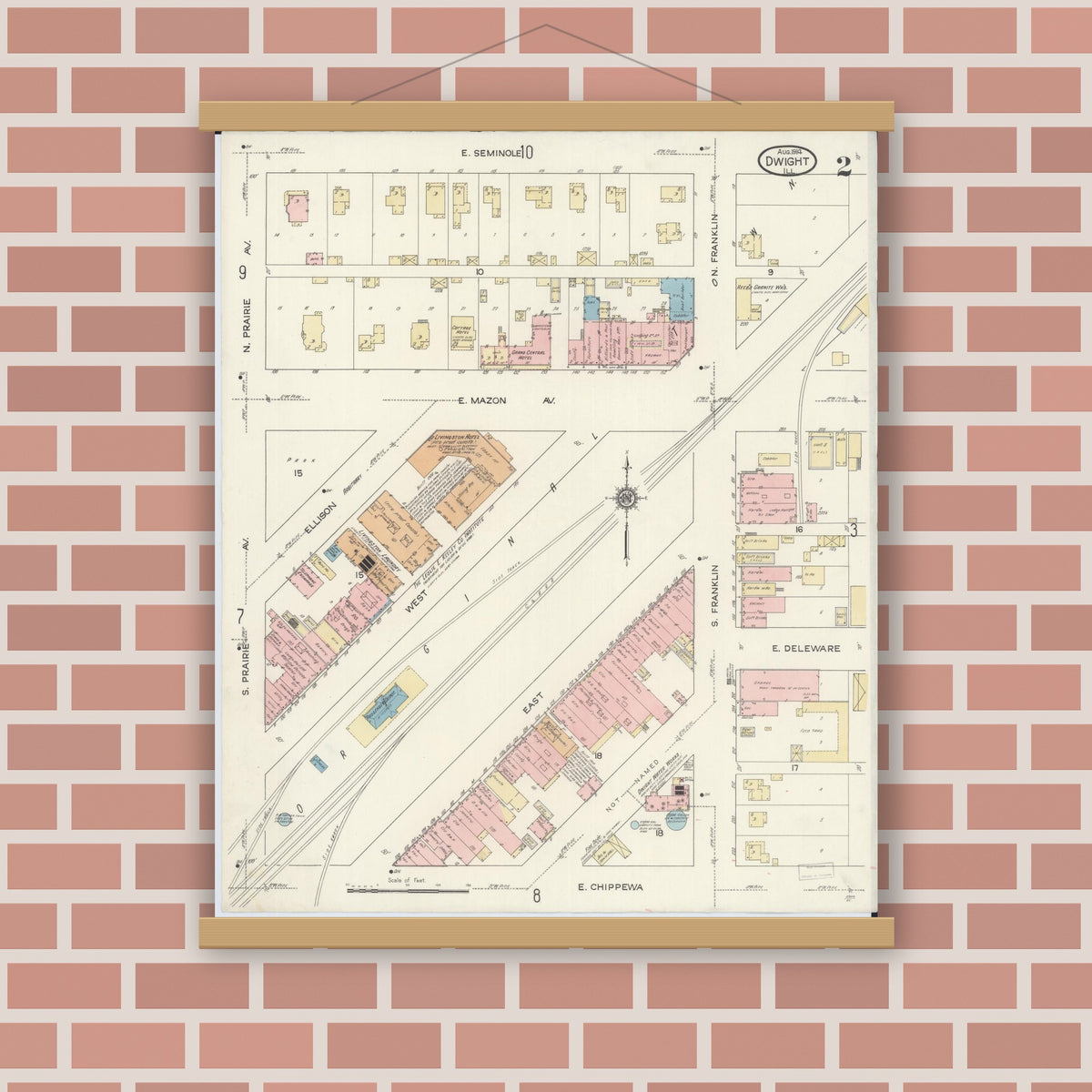 Old map wall art mockup — magnetic wood frame on brick wall — Sanborn Fire Insurance Map from Dwight, Livingston County, Illinois (1914), Sheet #0002