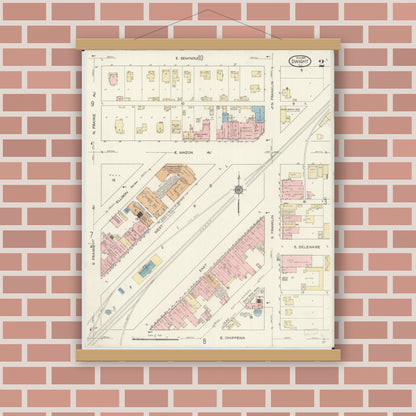 Old map wall art mockup — magnetic wood frame on brick wall — Sanborn Fire Insurance Map from Dwight, Livingston County, Illinois (1914), Sheet #0002