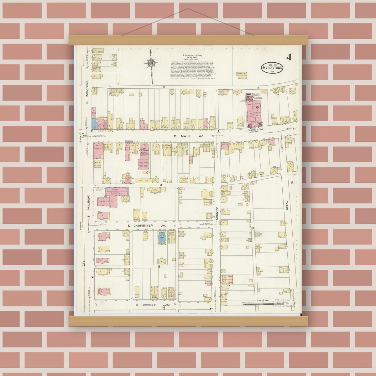 Old map wall art mockup — magnetic wood frame on brick wall — Sanborn Fire Insurance Map from Myerstown, Lebanon County, Pennsylvania (1913), Sheet #0004