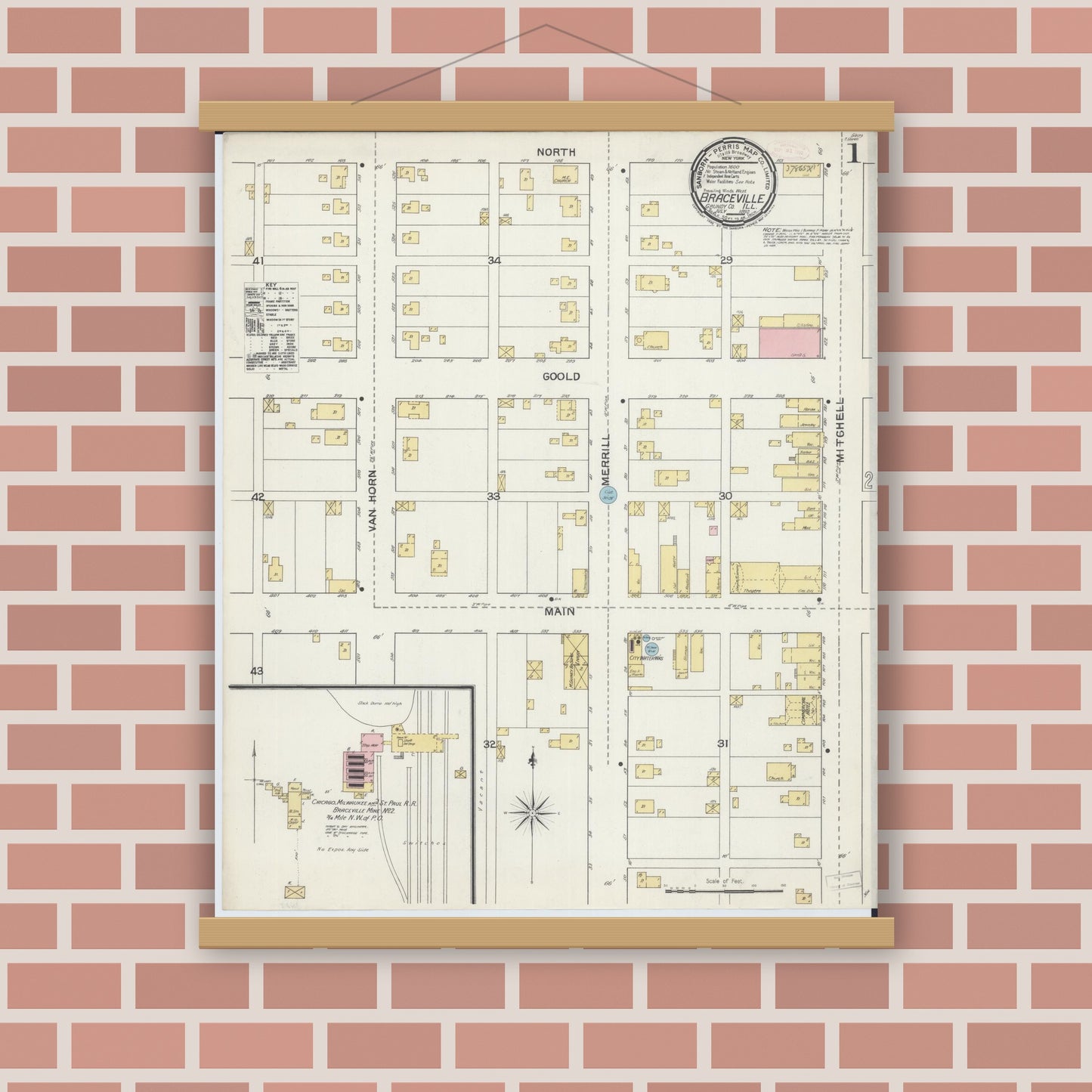Old map wall art mockup — magnetic wood frame on brick wall — Sanborn Fire Insurance Map from Braceville, Grundy County, Illinois (1892) - Complete Map Set