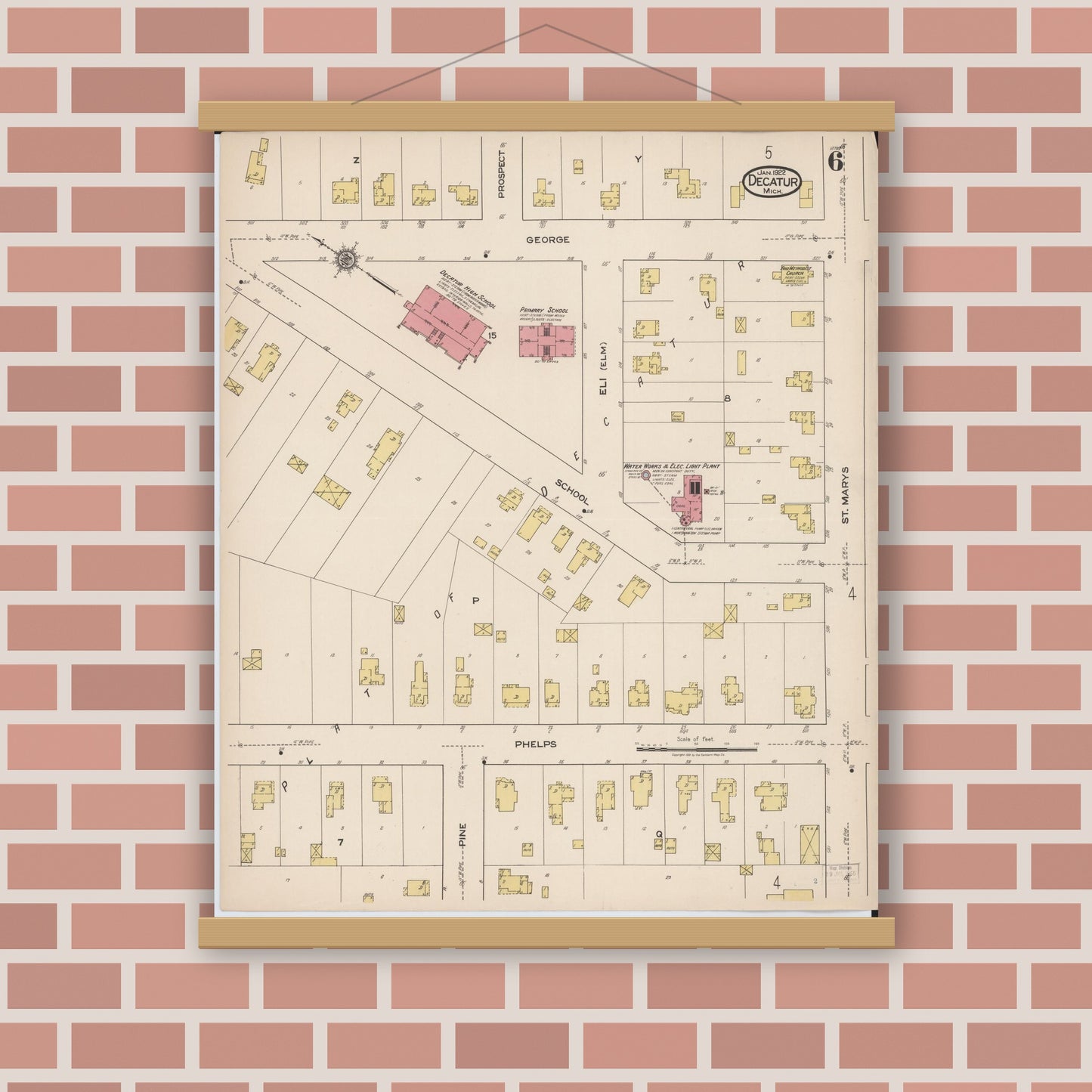 Old map wall art mockup — magnetic wood frame on brick wall — Sanborn Fire Insurance Map from Decatur, Van Buren County, Michigan (1922), Sheet #0006